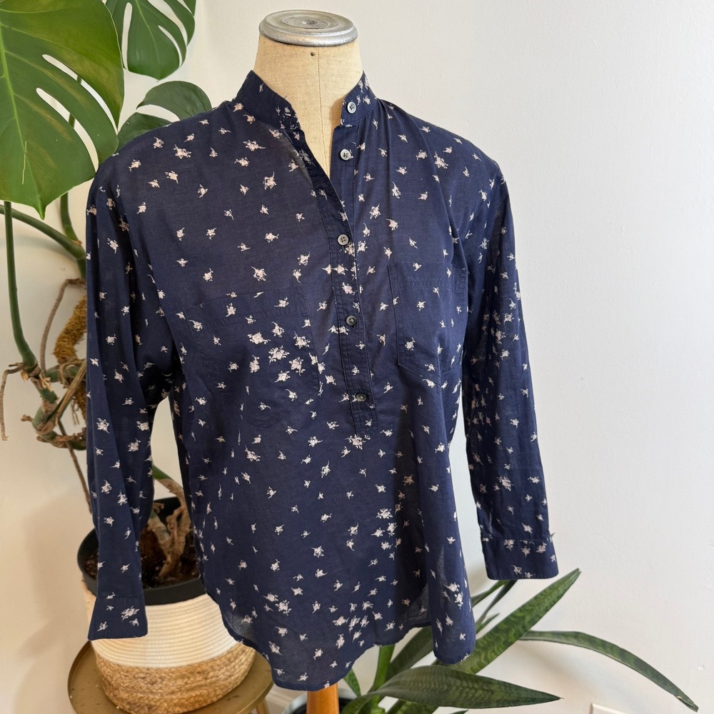 Madewell Navy Floral Print Band Collar Pullover Shirt Womens XS‎